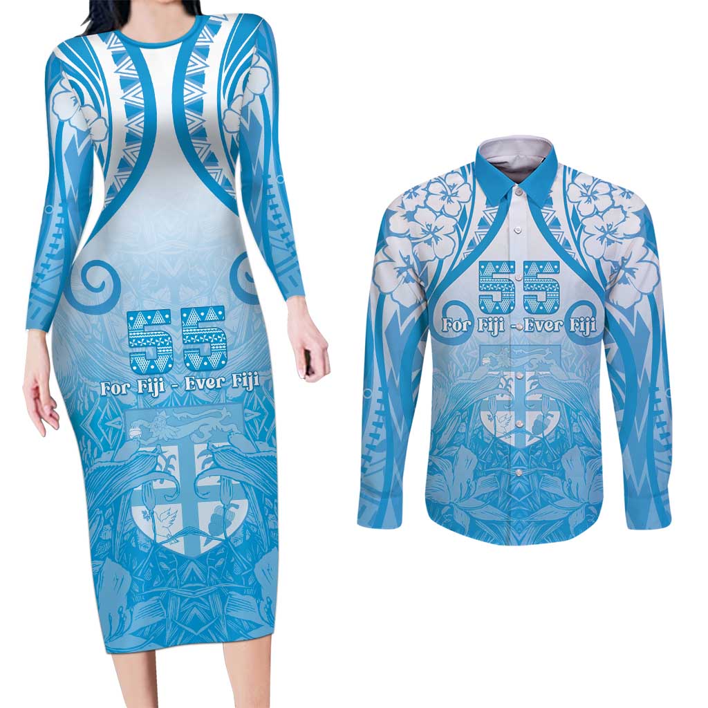Fiji Day Couples Matching Long Sleeve Bodycon Dress and Long Sleeve Button Shirt 55th Anniversary Forever Fiji LT05 Blue - Polynesian Pride