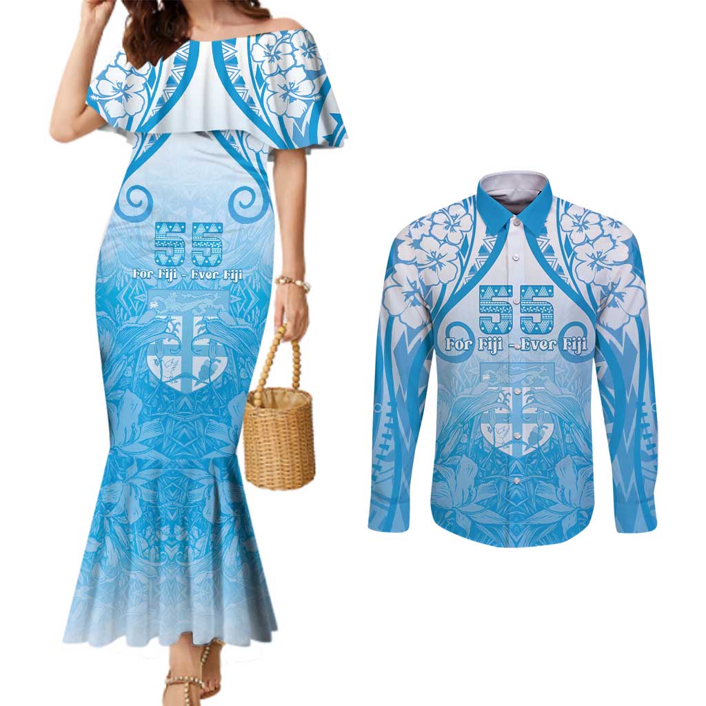 Fiji Day Couples Matching Mermaid Dress and Long Sleeve Button Shirt 55th Anniversary Forever Fiji LT05 Blue - Polynesian Pride
