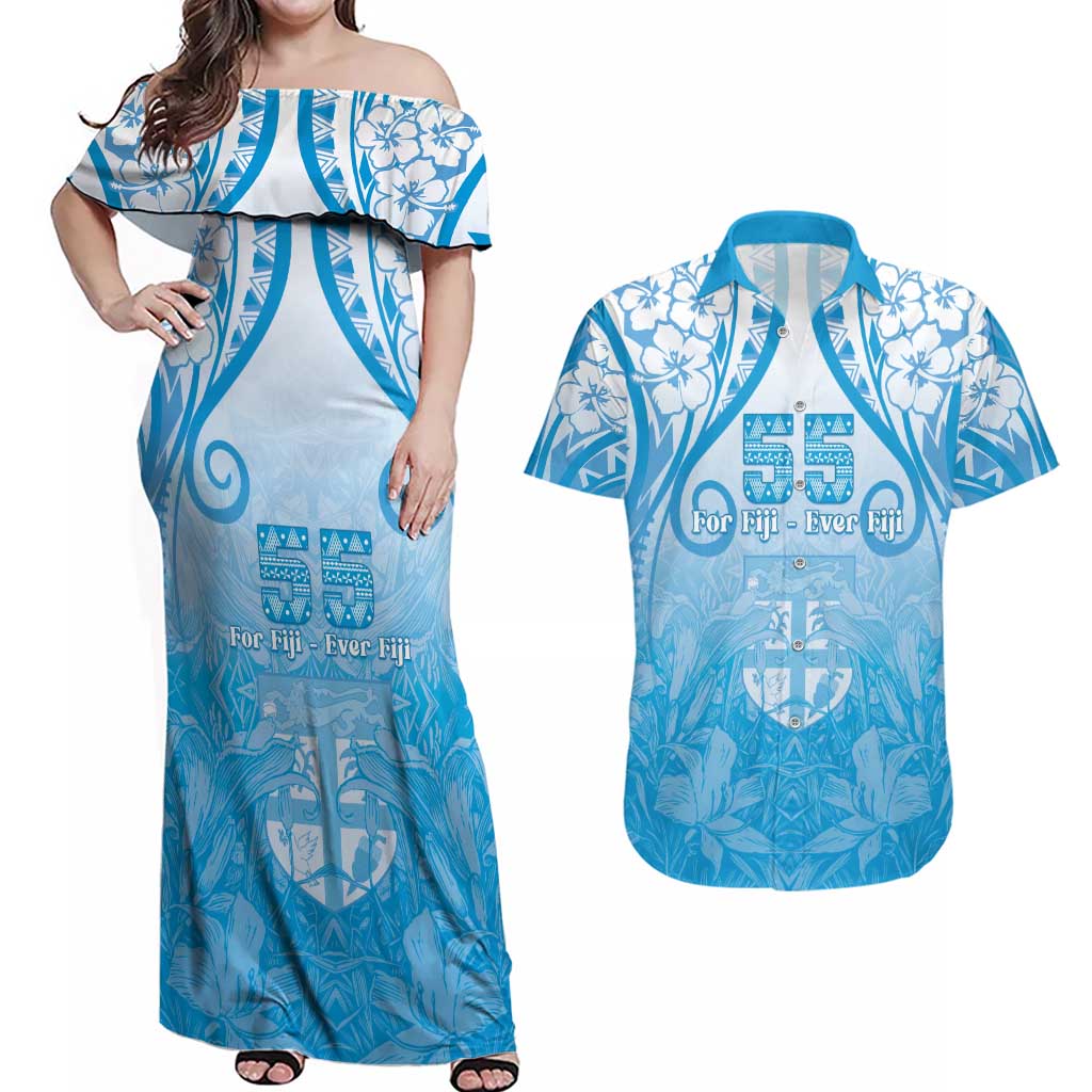 Fiji Day Couples Matching Off Shoulder Maxi Dress and Hawaiian Shirt 55th Anniversary Forever Fiji LT05 Blue - Polynesian Pride
