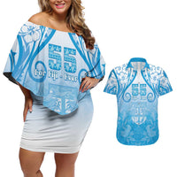 Fiji Day Couples Matching Off Shoulder Short Dress and Hawaiian Shirt 55th Anniversary Forever Fiji LT05 Blue - Polynesian Pride