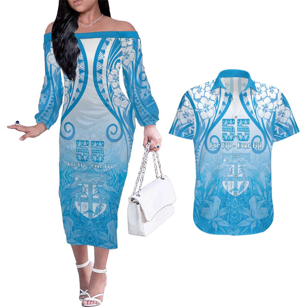 Fiji Day Couples Matching Off The Shoulder Long Sleeve Dress and Hawaiian Shirt 55th Anniversary Forever Fiji LT05 Blue - Polynesian Pride