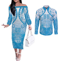 Fiji Day Couples Matching Off The Shoulder Long Sleeve Dress and Long Sleeve Button Shirt 55th Anniversary Forever Fiji LT05 Blue - Polynesian Pride