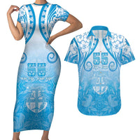 Fiji Day Couples Matching Short Sleeve Bodycon Dress and Hawaiian Shirt 55th Anniversary Forever Fiji LT05 Blue - Polynesian Pride