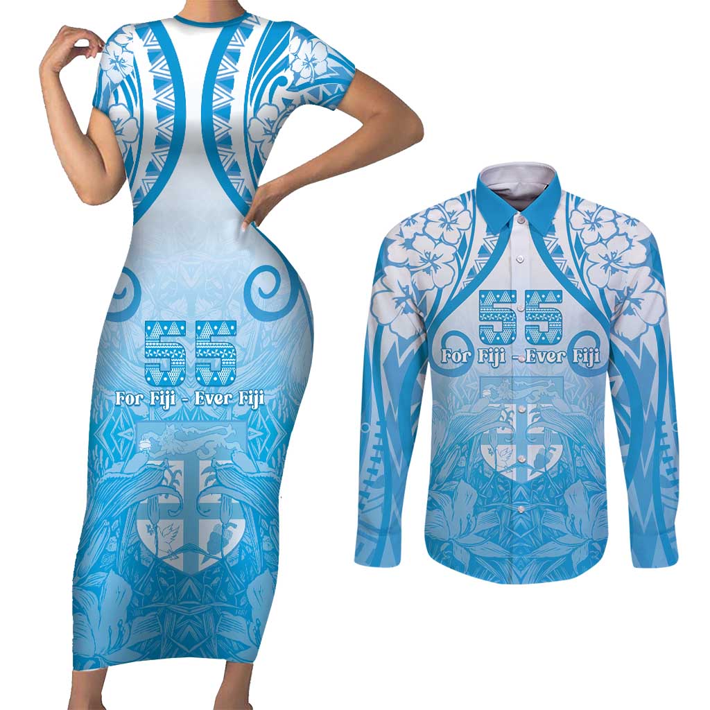Fiji Day Couples Matching Short Sleeve Bodycon Dress and Long Sleeve Button Shirt 55th Anniversary Forever Fiji LT05 Blue - Polynesian Pride