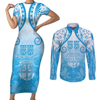Fiji Day Couples Matching Short Sleeve Bodycon Dress and Long Sleeve Button Shirt 55th Anniversary Forever Fiji LT05 Blue - Polynesian Pride