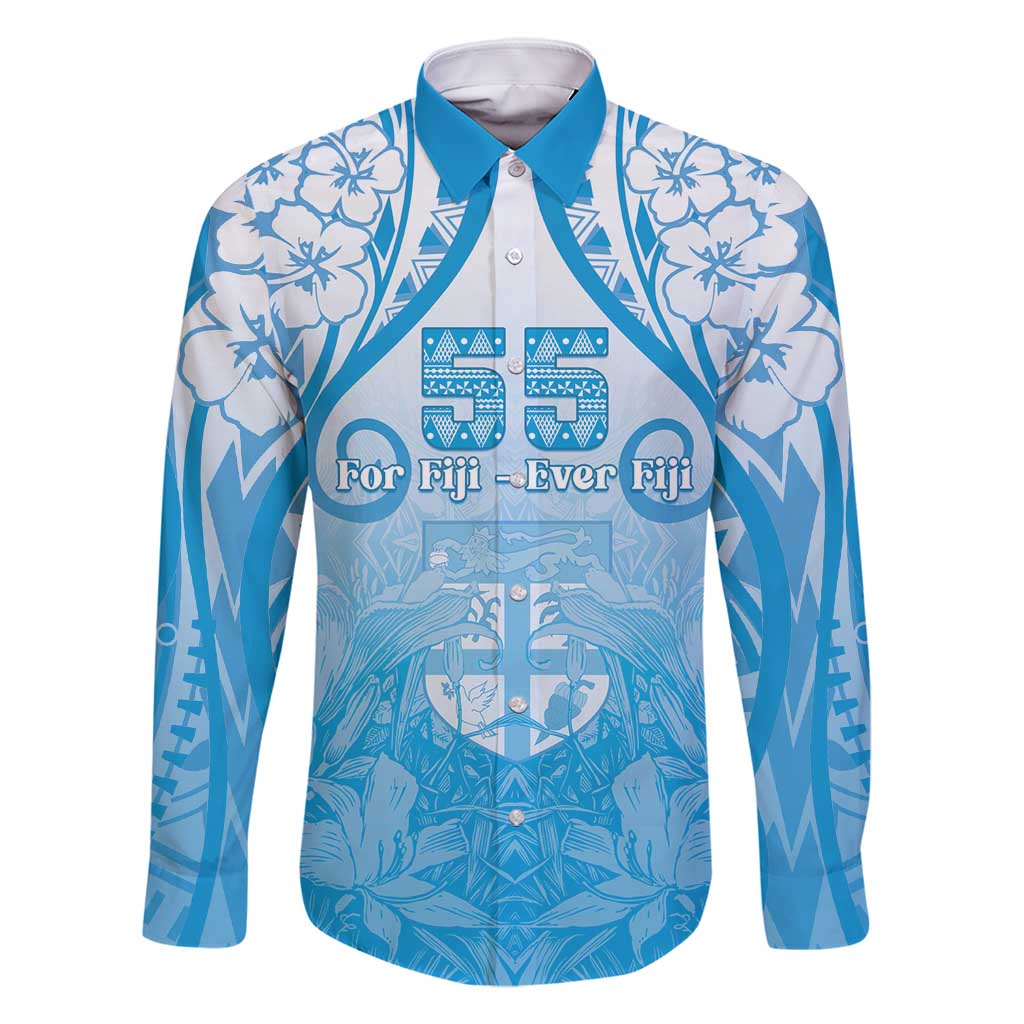 Fiji Day Family Matching Long Sleeve Bodycon Dress and Hawaiian Shirt 55th Anniversary Forever Fiji LT05 Dad's Shirt - Long Sleeve Blue - Polynesian Pride