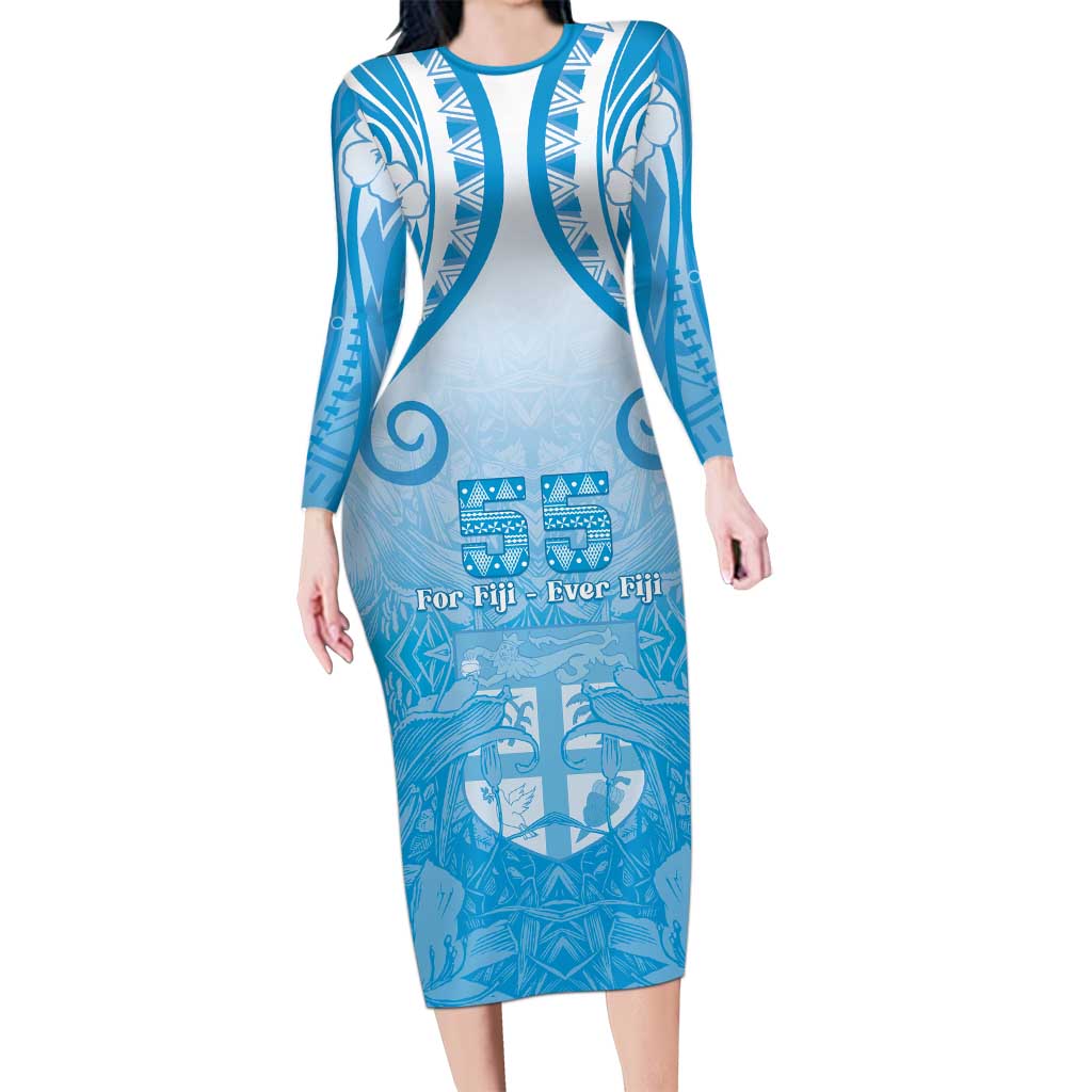 Fiji Day Family Matching Long Sleeve Bodycon Dress and Hawaiian Shirt 55th Anniversary Forever Fiji LT05 Mom's Dress Blue - Polynesian Pride