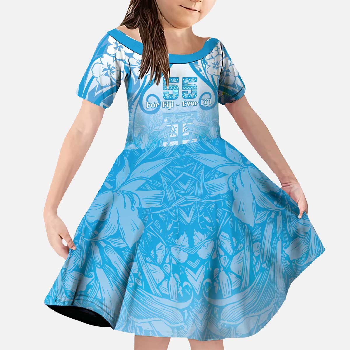 Fiji Day Family Matching Off The Shoulder Long Sleeve Dress and Hawaiian Shirt 55th Anniversary Forever Fiji LT05 Daughter's Dress Blue - Polynesian Pride