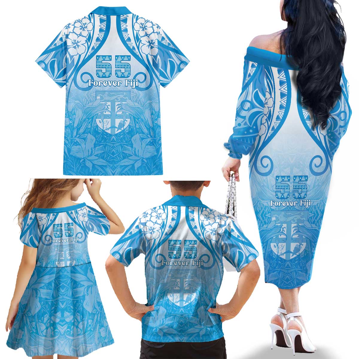 Fiji Day Family Matching Off The Shoulder Long Sleeve Dress and Hawaiian Shirt 55th Anniversary Forever Fiji LT05 - Polynesian Pride