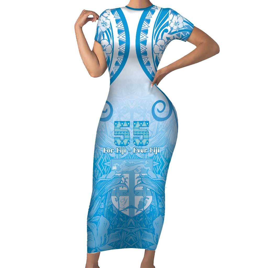 Fiji Day Family Matching Short Sleeve Bodycon Dress and Hawaiian Shirt 55th Anniversary Forever Fiji LT05 Mom's Dress Blue - Polynesian Pride