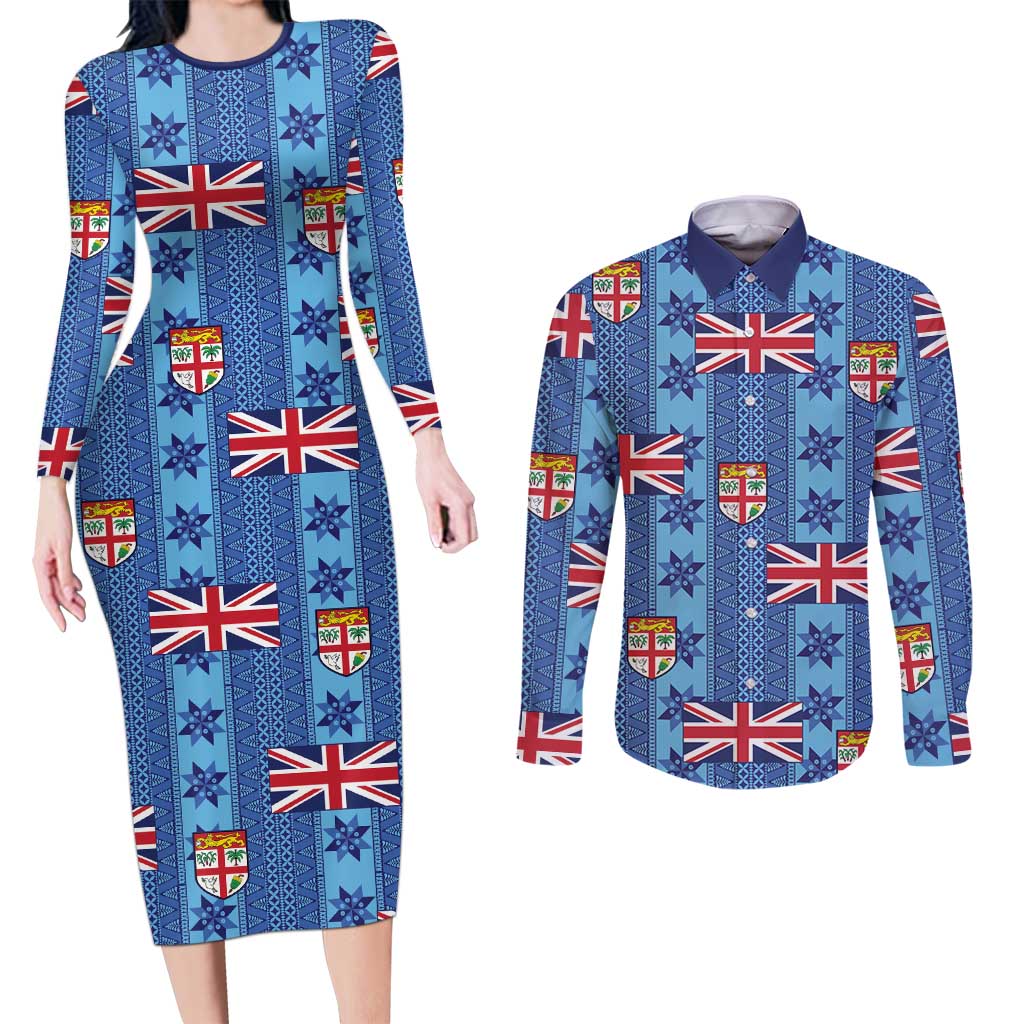Fiji Masi Tapa Couples Matching Long Sleeve Bodycon Dress and Long Sleeve Button Shirt Coat Of Arms LT05 Blue - Polynesian Pride