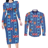 Fiji Masi Tapa Couples Matching Long Sleeve Bodycon Dress and Long Sleeve Button Shirt Coat Of Arms LT05 Blue - Polynesian Pride