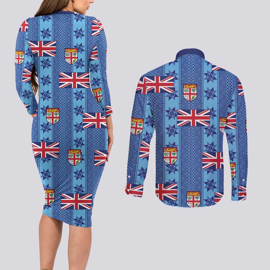 Fiji Masi Tapa Couples Matching Long Sleeve Bodycon Dress and Long Sleeve Button Shirt Coat Of Arms LT05 - Polynesian Pride