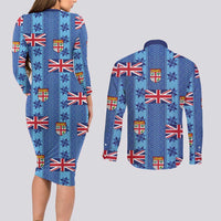 Fiji Masi Tapa Couples Matching Long Sleeve Bodycon Dress and Long Sleeve Button Shirt Coat Of Arms LT05 - Polynesian Pride