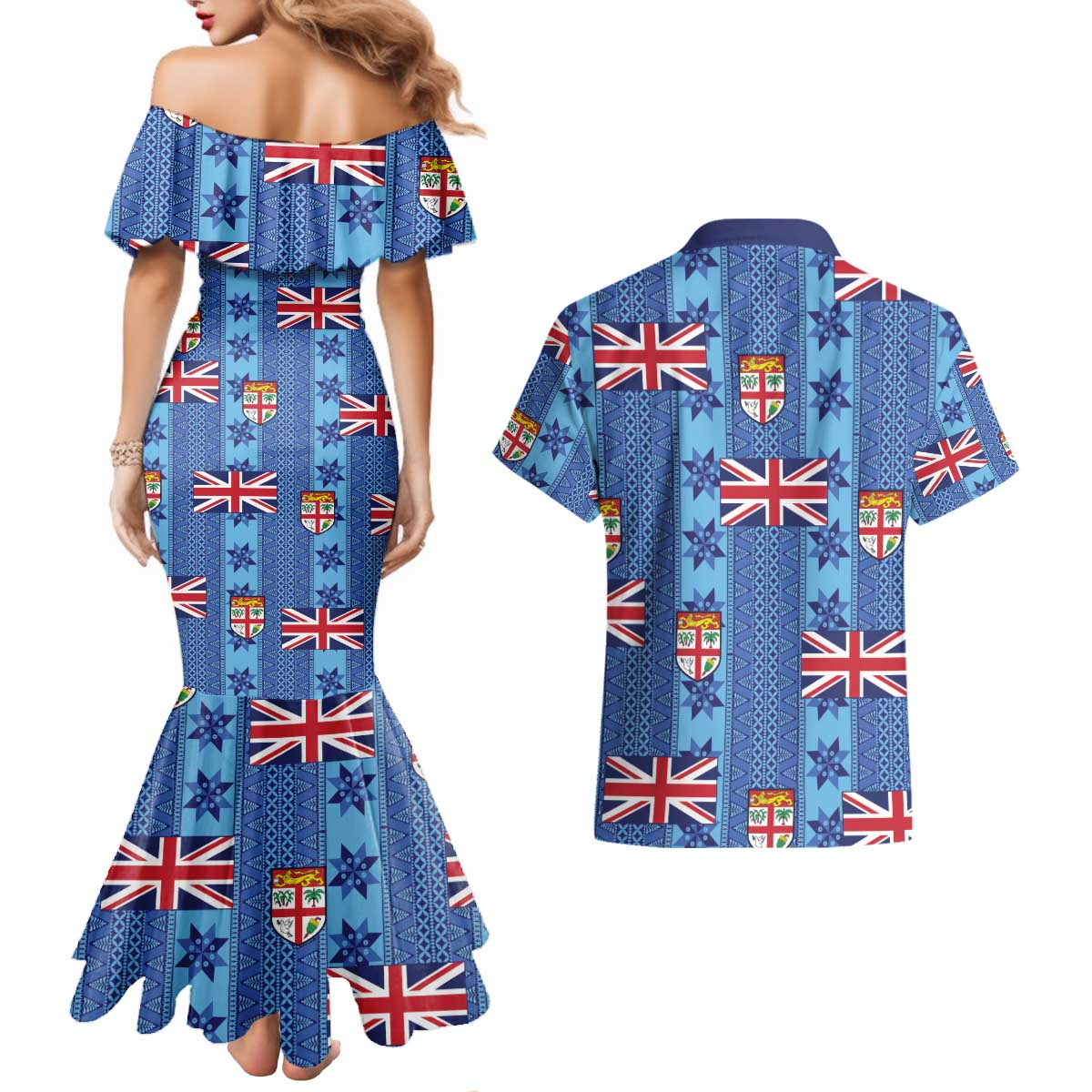 Fiji Masi Tapa Couples Matching Mermaid Dress and Hawaiian Shirt Coat Of Arms LT05 - Polynesian Pride