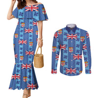 Fiji Masi Tapa Couples Matching Mermaid Dress and Long Sleeve Button Shirt Coat Of Arms LT05 Blue - Polynesian Pride