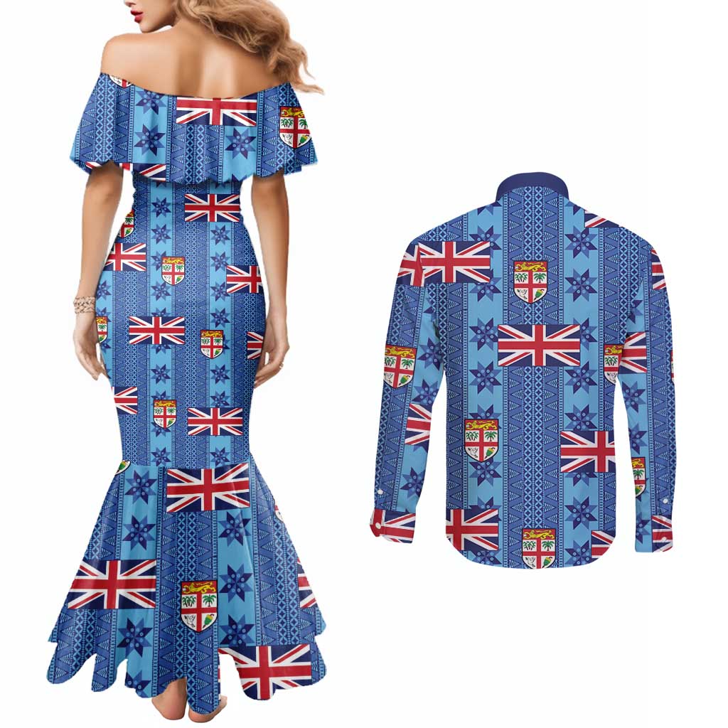 Fiji Masi Tapa Couples Matching Mermaid Dress and Long Sleeve Button Shirt Coat Of Arms LT05 - Polynesian Pride