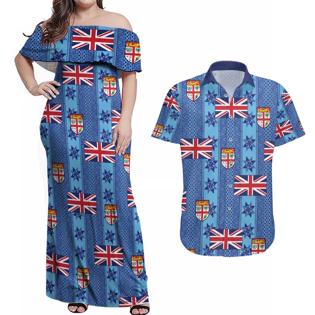 Fiji Masi Tapa Couples Matching Off Shoulder Maxi Dress and Hawaiian Shirt Coat Of Arms LT05 Blue - Polynesian Pride