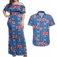 Fiji Masi Tapa Couples Matching Off Shoulder Maxi Dress and Hawaiian Shirt Coat Of Arms LT05 Blue - Polynesian Pride