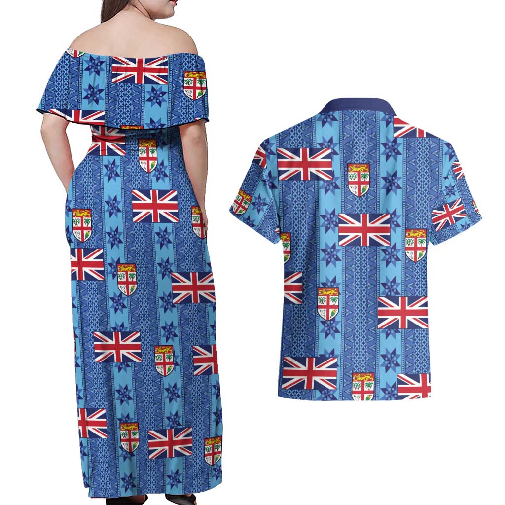 Fiji Masi Tapa Couples Matching Off Shoulder Maxi Dress and Hawaiian Shirt Coat Of Arms LT05 - Polynesian Pride