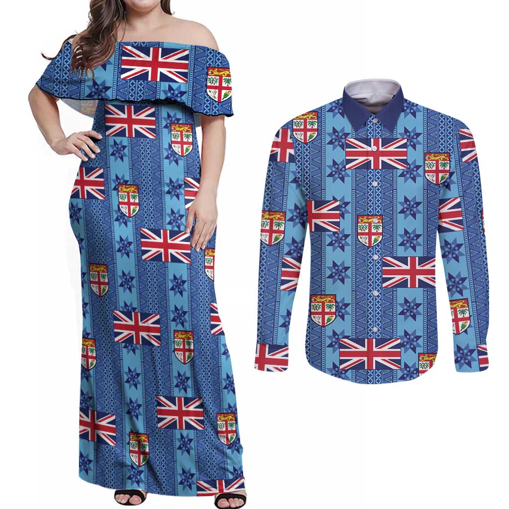 Fiji Masi Tapa Couples Matching Off Shoulder Maxi Dress and Long Sleeve Button Shirt Coat Of Arms LT05 Blue - Polynesian Pride