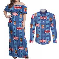 Fiji Masi Tapa Couples Matching Off Shoulder Maxi Dress and Long Sleeve Button Shirt Coat Of Arms LT05 Blue - Polynesian Pride