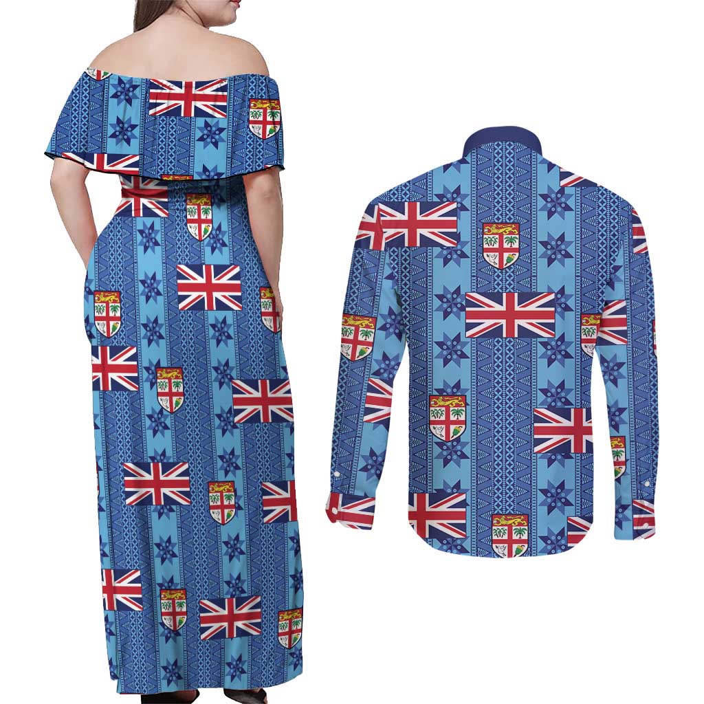 Fiji Masi Tapa Couples Matching Off Shoulder Maxi Dress and Long Sleeve Button Shirt Coat Of Arms LT05 - Polynesian Pride