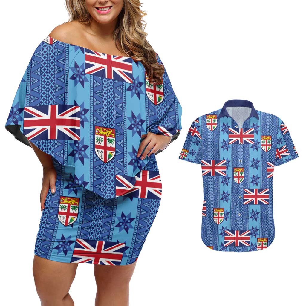 Fiji Masi Tapa Couples Matching Off Shoulder Short Dress and Hawaiian Shirt Coat Of Arms LT05 Blue - Polynesian Pride