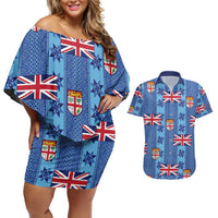 Fiji Masi Tapa Couples Matching Off Shoulder Short Dress and Hawaiian Shirt Coat Of Arms LT05 Blue - Polynesian Pride