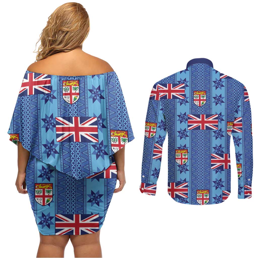 Fiji Masi Tapa Couples Matching Off Shoulder Short Dress and Long Sleeve Button Shirt Coat Of Arms LT05 - Polynesian Pride