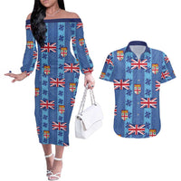 Fiji Masi Tapa Couples Matching Off The Shoulder Long Sleeve Dress and Hawaiian Shirt Coat Of Arms LT05 Blue - Polynesian Pride