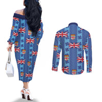 Fiji Masi Tapa Couples Matching Off The Shoulder Long Sleeve Dress and Long Sleeve Button Shirt Coat Of Arms LT05 - Polynesian Pride