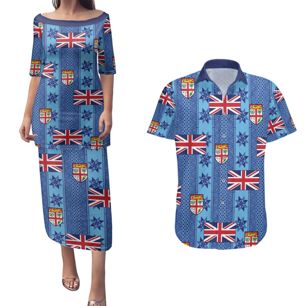 Fiji Masi Tapa Couples Matching Puletasi and Hawaiian Shirt Coat Of Arms LT05 Blue - Polynesian Pride