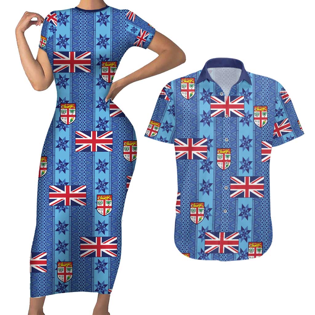 Fiji Masi Tapa Couples Matching Short Sleeve Bodycon Dress and Hawaiian Shirt Coat Of Arms LT05 Blue - Polynesian Pride