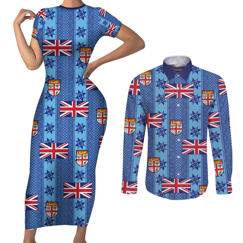 Fiji Masi Tapa Couples Matching Short Sleeve Bodycon Dress and Long Sleeve Button Shirt Coat Of Arms LT05 Blue - Polynesian Pride