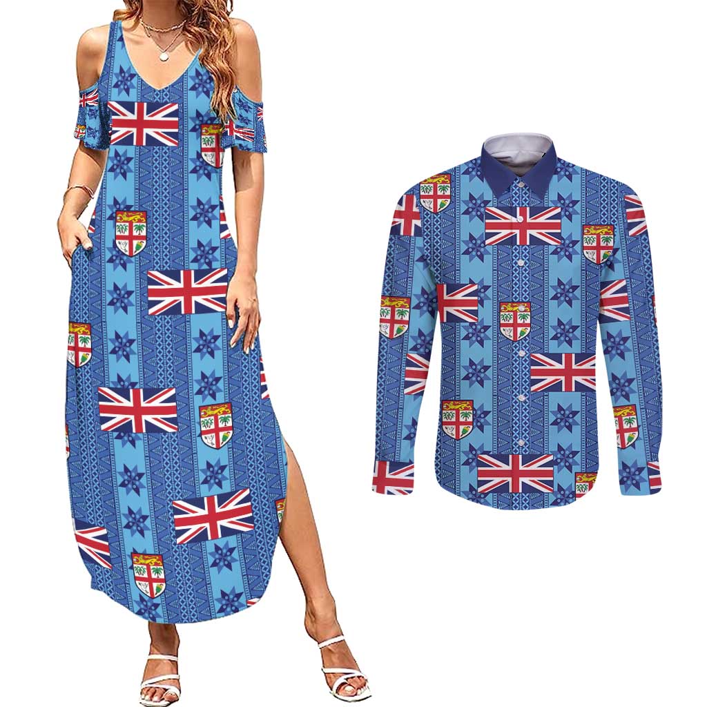 Fiji Masi Tapa Couples Matching Summer Maxi Dress and Long Sleeve Button Shirt Coat Of Arms LT05 Blue - Polynesian Pride