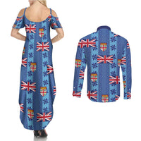 Fiji Masi Tapa Couples Matching Summer Maxi Dress and Long Sleeve Button Shirt Coat Of Arms LT05 - Polynesian Pride