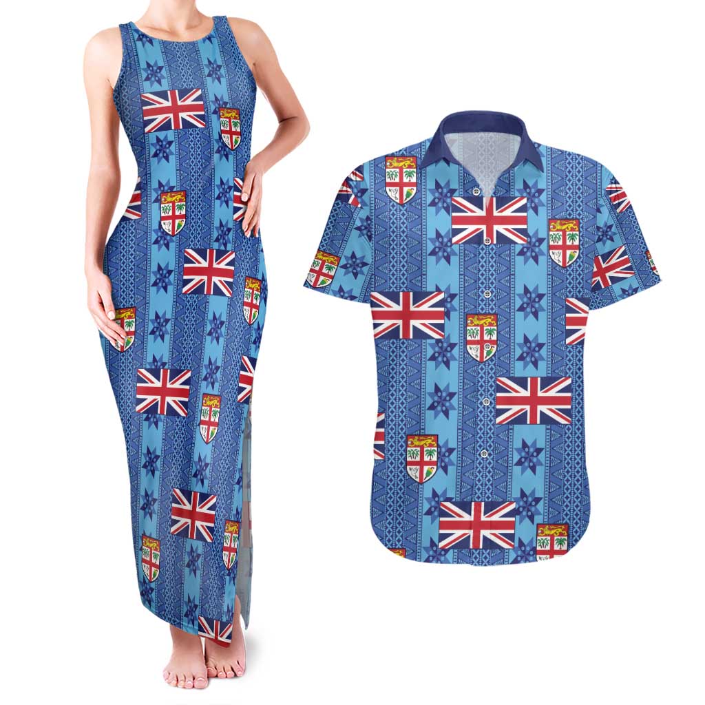 Fiji Masi Tapa Couples Matching Tank Maxi Dress and Hawaiian Shirt Coat Of Arms LT05 Blue - Polynesian Pride