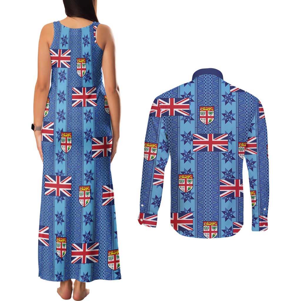 Fiji Masi Tapa Couples Matching Tank Maxi Dress and Long Sleeve Button Shirt Coat Of Arms LT05 - Polynesian Pride