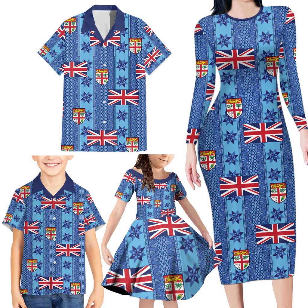 Fiji Masi Tapa Family Matching Long Sleeve Bodycon Dress and Hawaiian Shirt Coat Of Arms LT05 - Polynesian Pride
