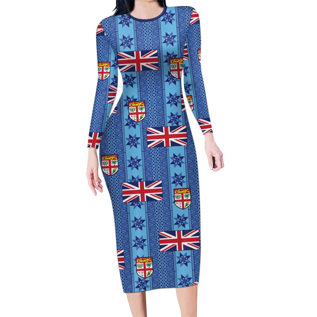 Fiji Masi Tapa Family Matching Long Sleeve Bodycon Dress and Hawaiian Shirt Coat Of Arms LT05 Mom's Dress Blue - Polynesian Pride