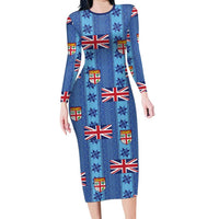 Fiji Masi Tapa Family Matching Long Sleeve Bodycon Dress and Hawaiian Shirt Coat Of Arms LT05 Mom's Dress Blue - Polynesian Pride