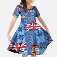 Fiji Masi Tapa Family Matching Off The Shoulder Long Sleeve Dress and Hawaiian Shirt Coat Of Arms LT05 Daughter's Dress Blue - Polynesian Pride