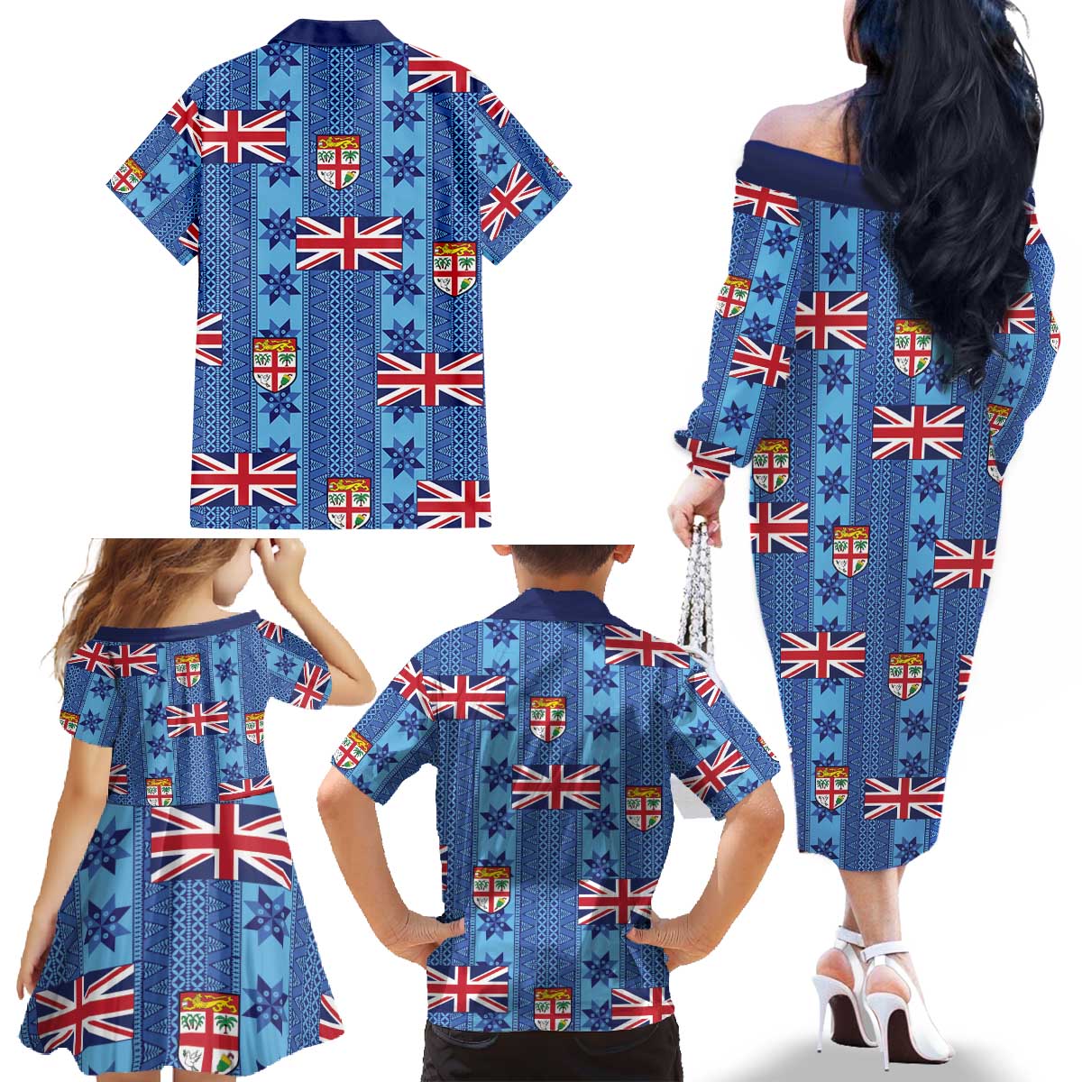 Fiji Masi Tapa Family Matching Off The Shoulder Long Sleeve Dress and Hawaiian Shirt Coat Of Arms LT05 - Polynesian Pride