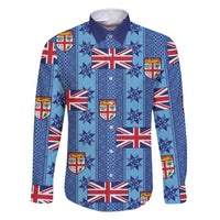 Fiji Masi Tapa Family Matching Off Shoulder Maxi Dress and Hawaiian Shirt Coat Of Arms LT05 Dad's Shirt - Long Sleeve Blue - Polynesian Pride