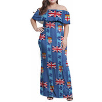 Fiji Masi Tapa Family Matching Off Shoulder Maxi Dress and Hawaiian Shirt Coat Of Arms LT05 Mom's Dress Blue - Polynesian Pride