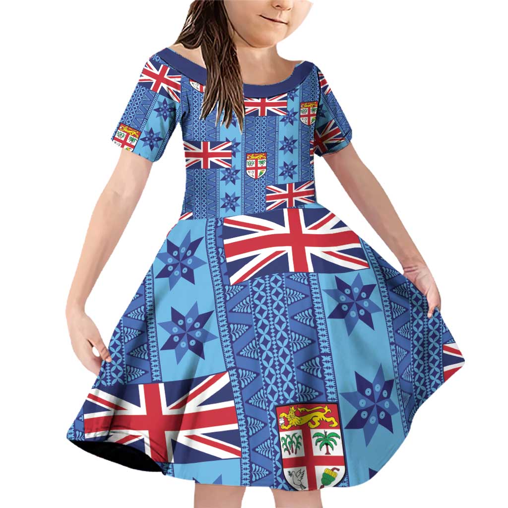 Fiji Masi Tapa Family Matching Off Shoulder Short Dress and Hawaiian Shirt Coat Of Arms LT05 Daughter's Dress Blue - Polynesian Pride
