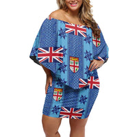 Fiji Masi Tapa Family Matching Off Shoulder Short Dress and Hawaiian Shirt Coat Of Arms LT05 Mom's Dress Blue - Polynesian Pride