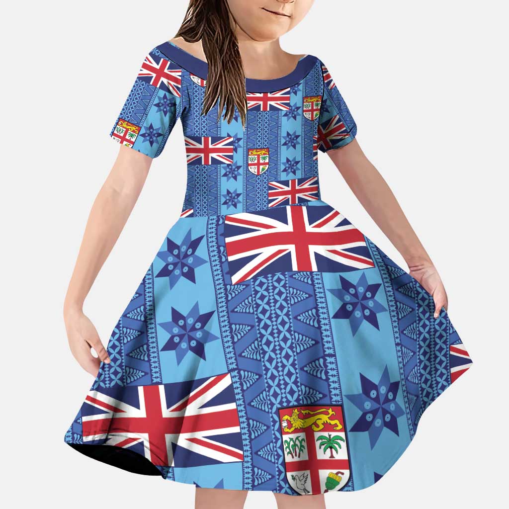 Fiji Masi Tapa Family Matching Puletasi and Hawaiian Shirt Coat Of Arms LT05 Daughter's Dress Blue - Polynesian Pride
