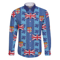Fiji Masi Tapa Family Matching Puletasi and Hawaiian Shirt Coat Of Arms LT05 Dad's Shirt - Long Sleeve Blue - Polynesian Pride